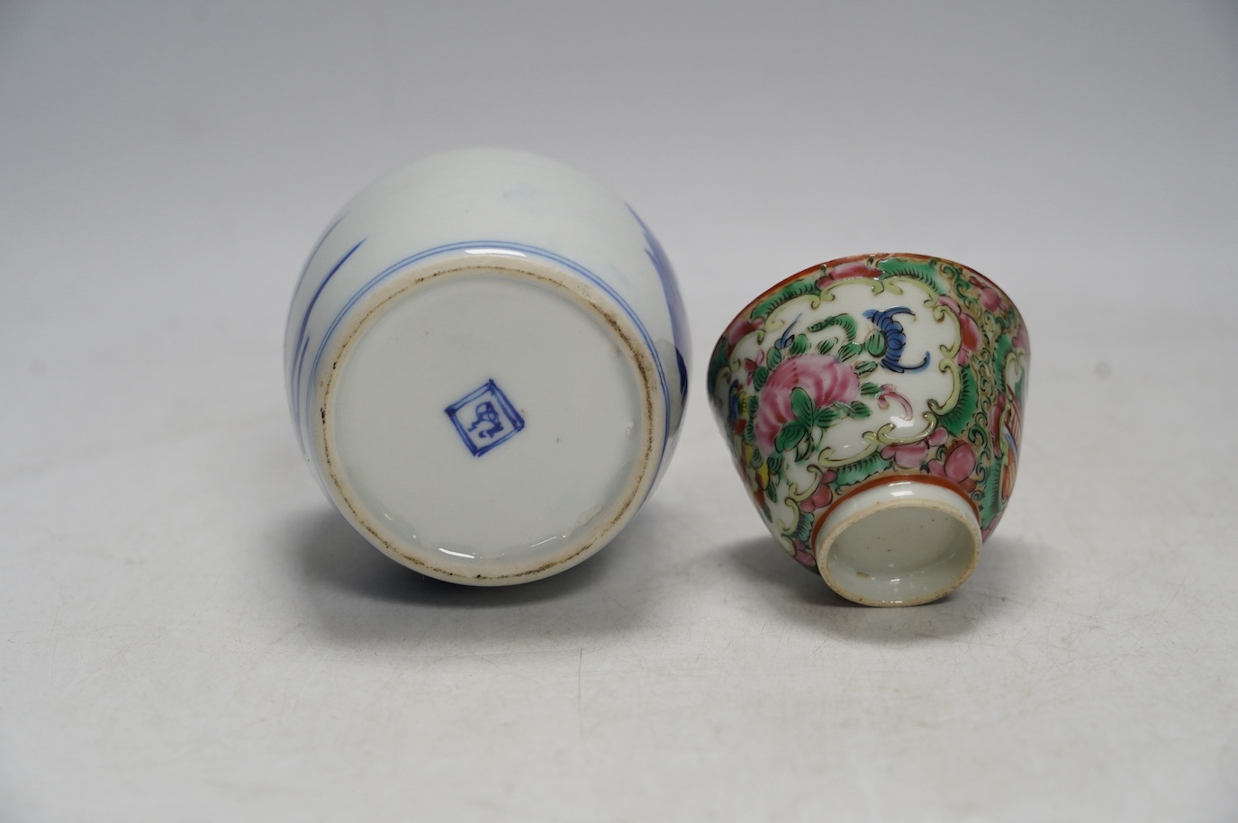 A pewter topped Chinese blue and white tea caddy together with a famille rose teabowl. Condition - good